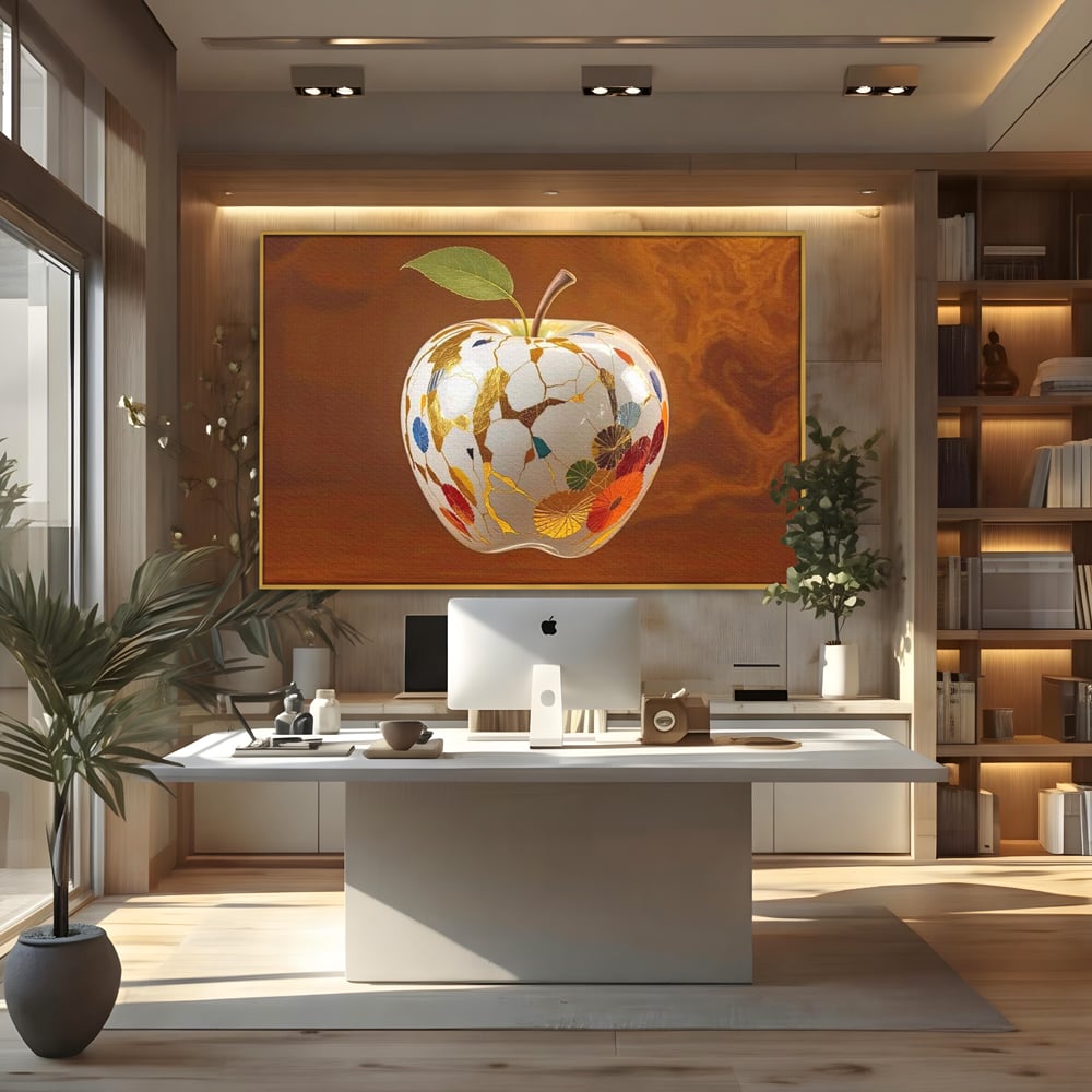 Tablou canvas cu tablou canvas cu mar alb si motive aurii, in rama de aluminiu auriu, pe perete intr-un birou
